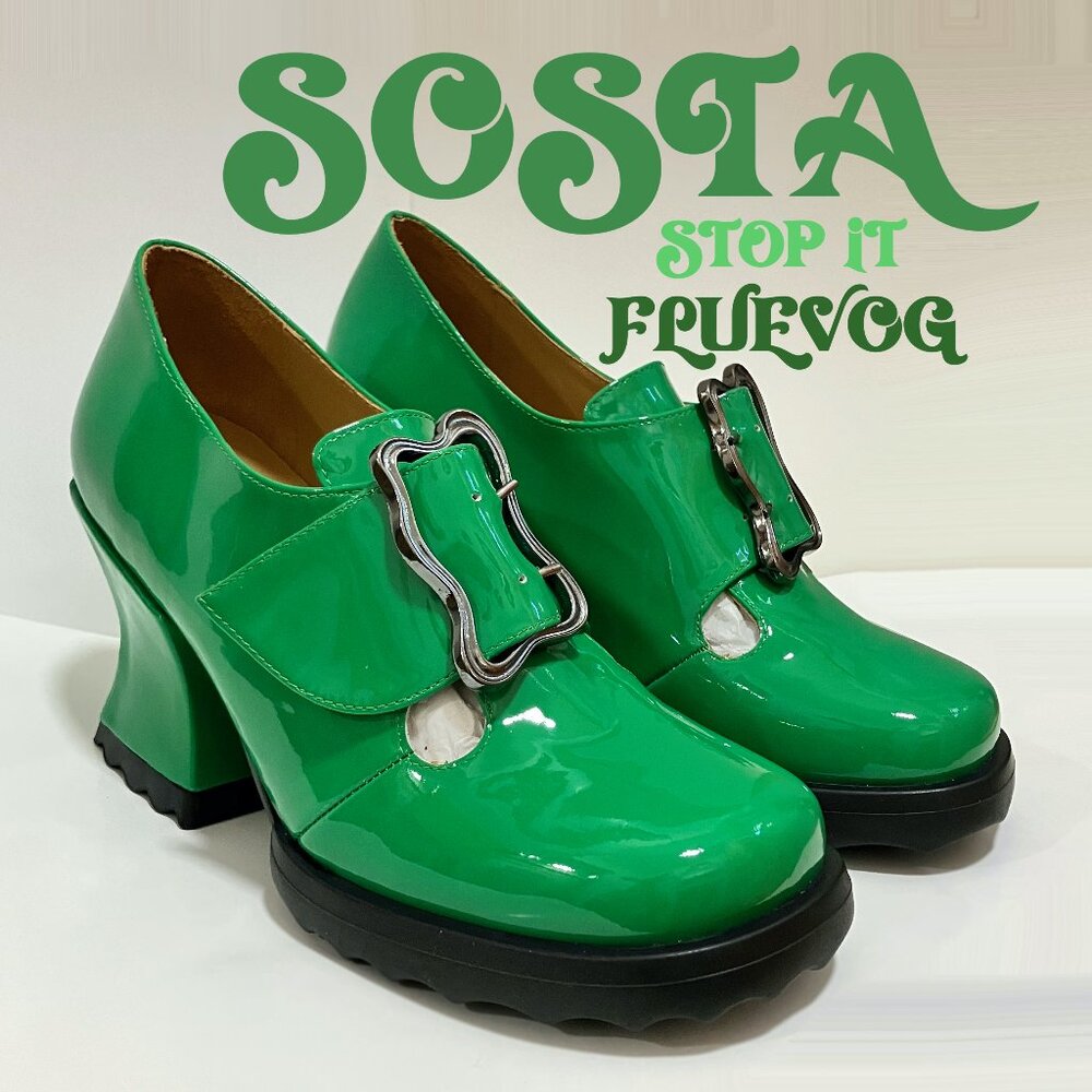 *NEW* 2024 Fluevog Stop It SOSTA Mary Janes, Green Patent, Size 9! GORGEOUS!